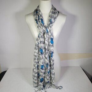 Talbots Lightweight White & Blue Scarf With Owl Print